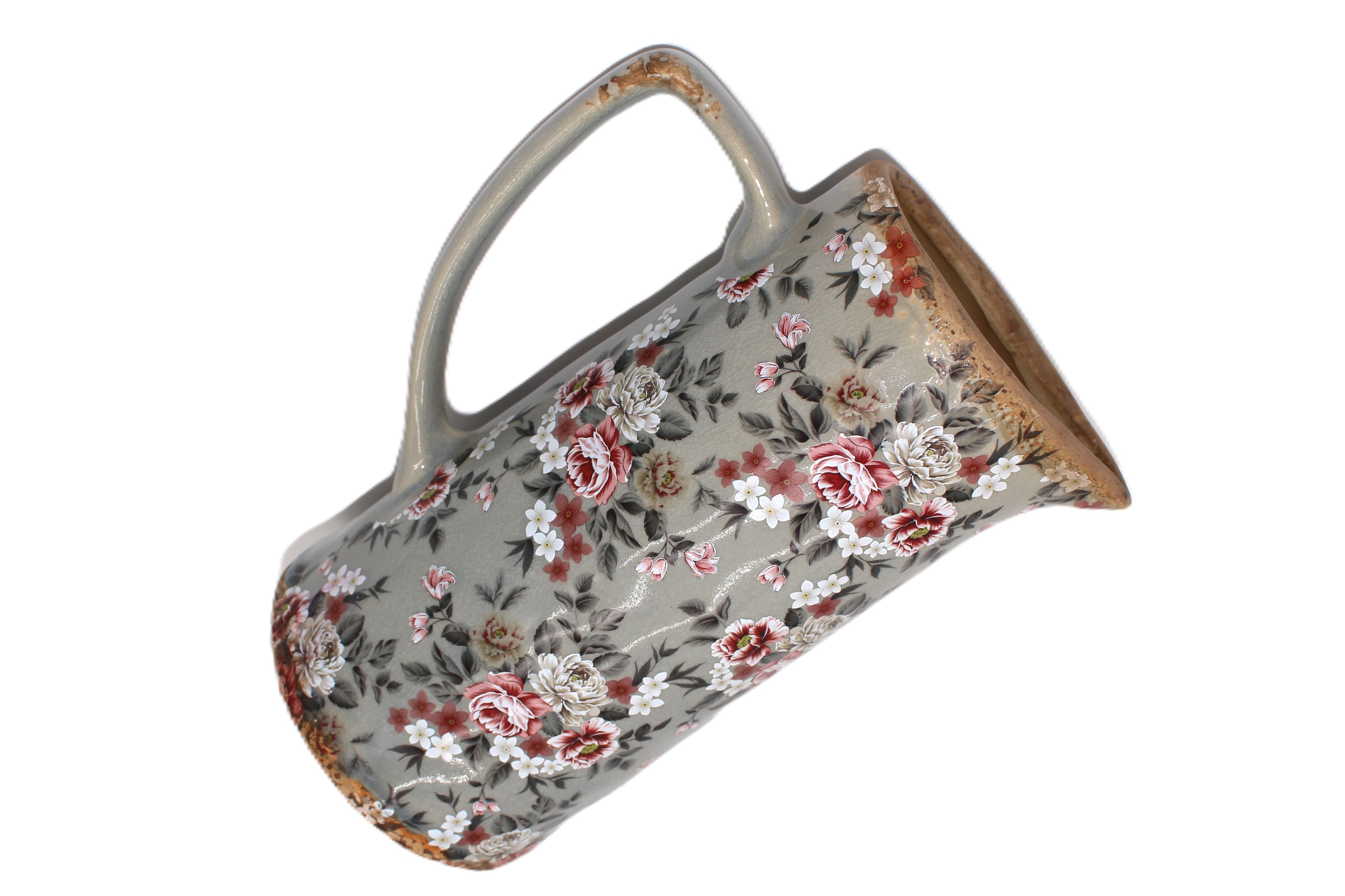Pichet de décoration en céramique gris motif floral