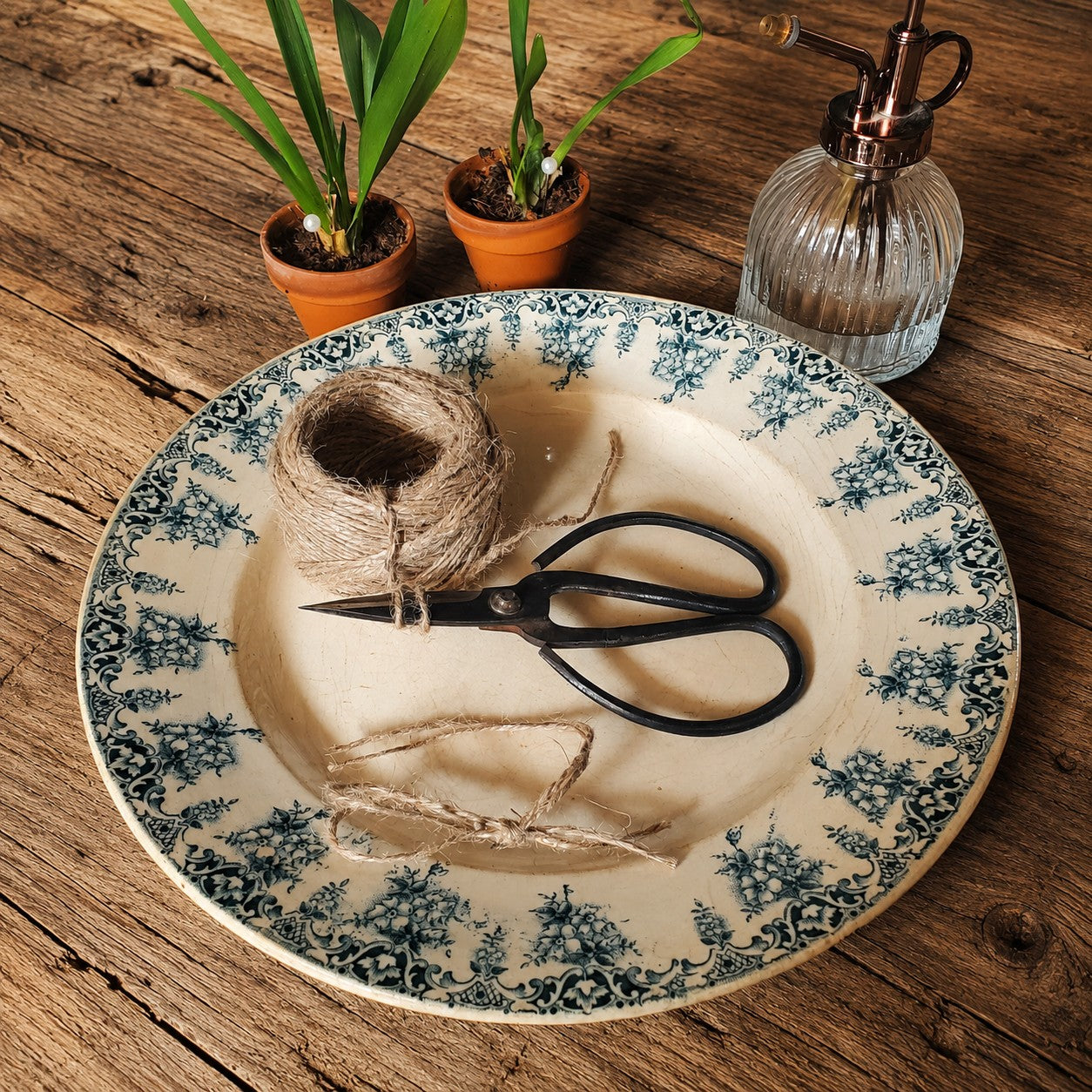 Assiette ancienne en terre de fer modèle Primevère, idéale pour une décoration campagne chic, une maison de famille ou une collection de vaisselle française ancienne.