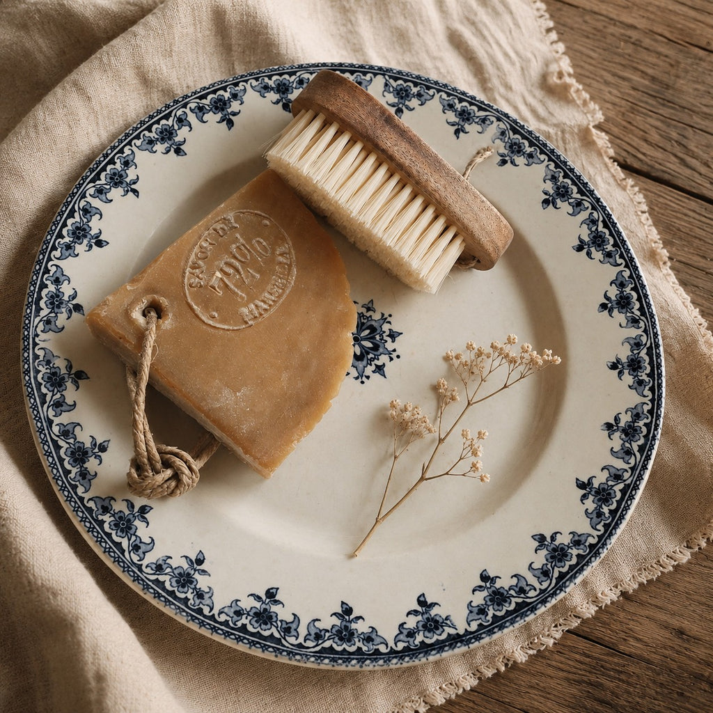Assiette ancienne en terre de fer de Choisy-le-Roi, décor floral bleu, idéale pour une décoration campagne chic, une maison de famille ou une collection de vaisselle française ancienne.