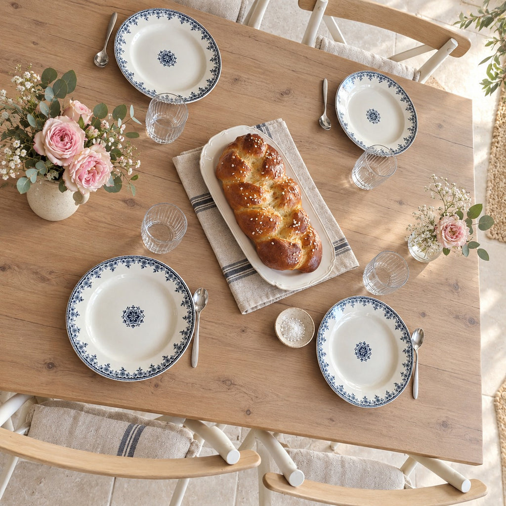 Quatre assiettes anciennes Gagny en Terre de Fer ivoire à frise florale bleu marine
