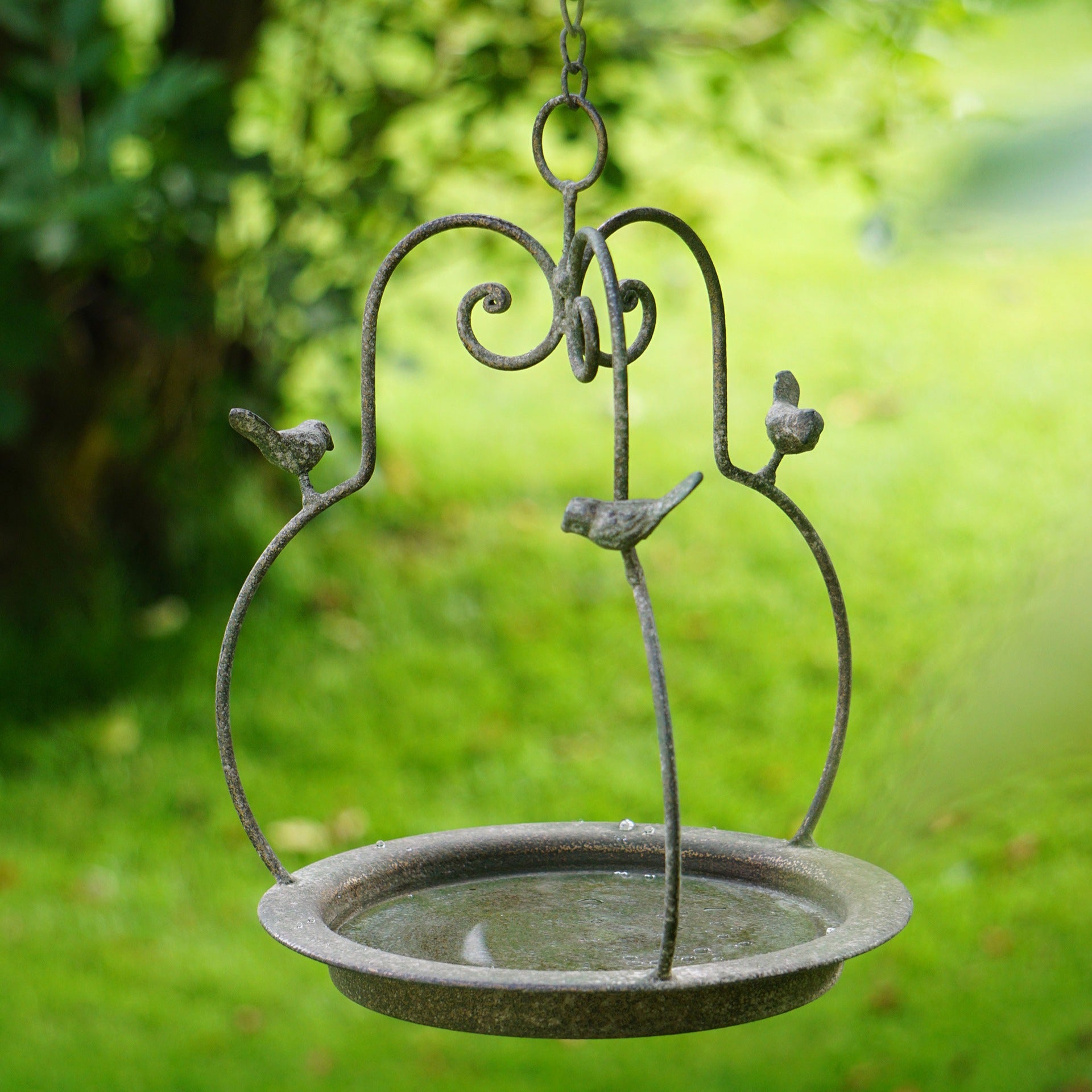 Bain d’oiseaux suspendu en métal vert avec oiseaux décoratifs pour jardin campagne chic