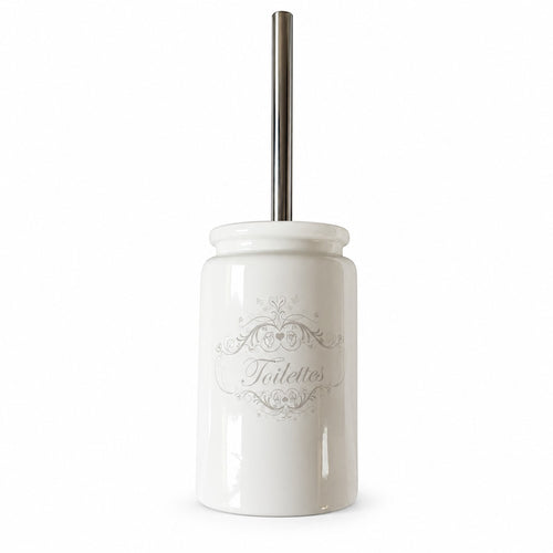 Brosse WC en céramique blanche avec décor floral gris, accessoire de salle de bains style campagne chic.