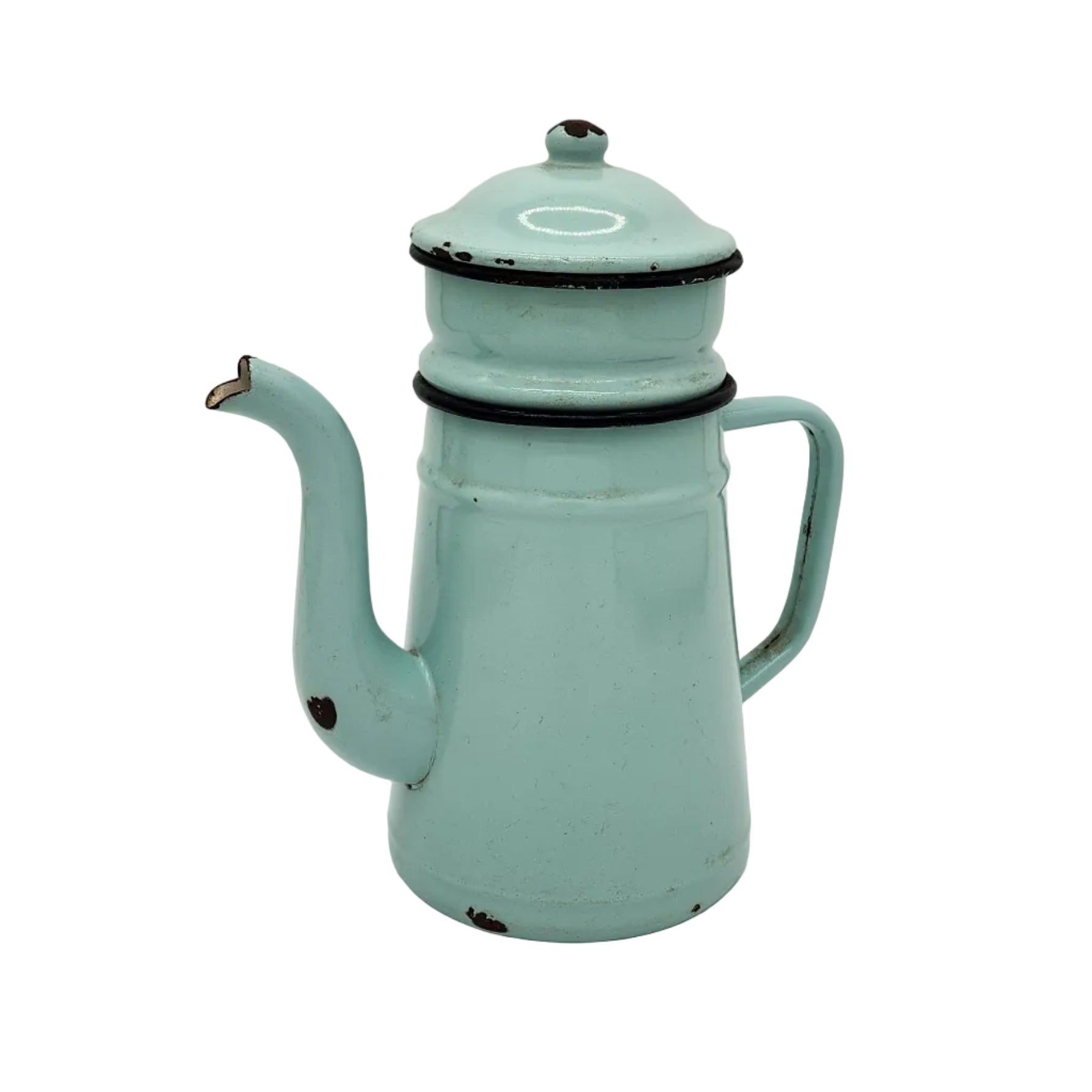 Ancienne cafetière en métal émaillée vert d'eau English cottage