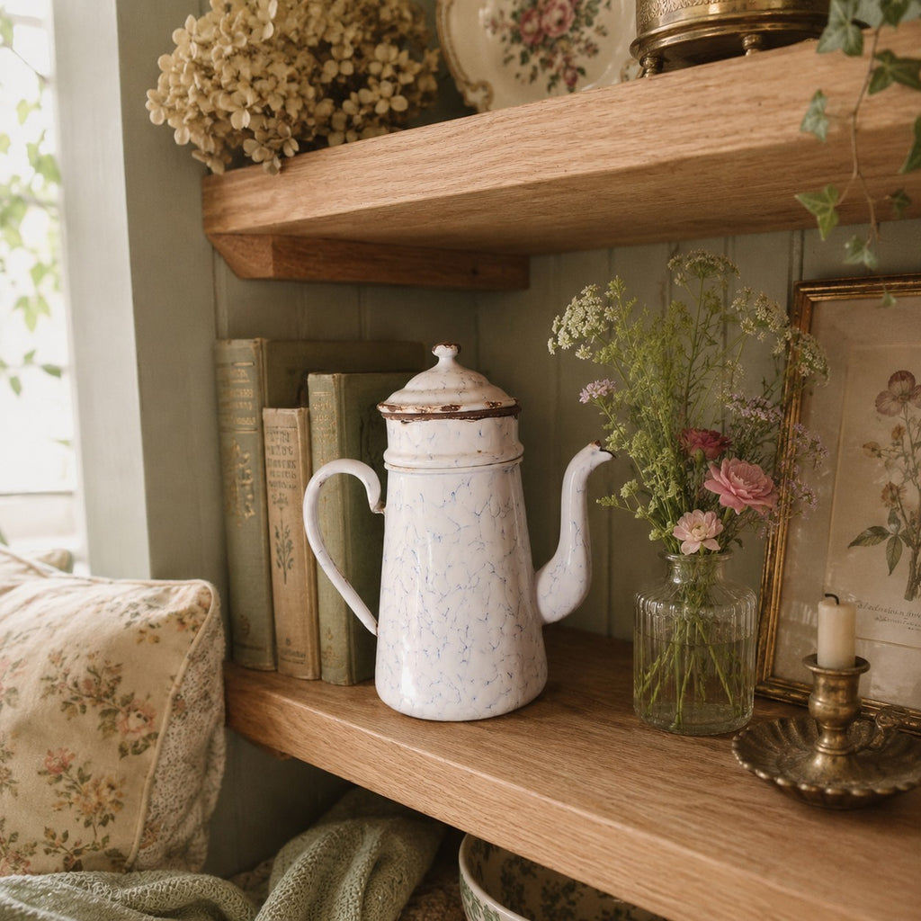 Cafetière ancienne émaillée avec filtre intérieur amovible, finition blanc marbré bleu et patine d'origine.