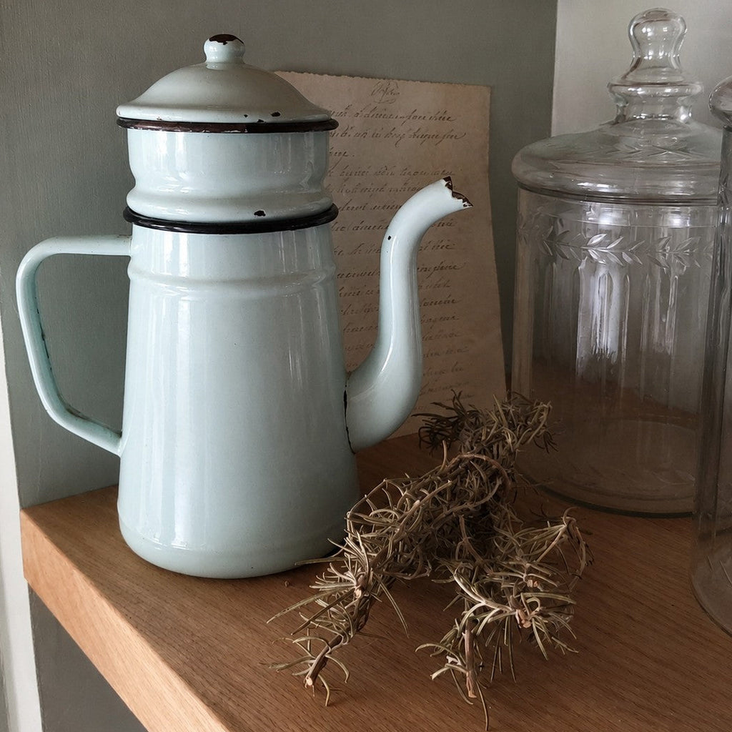 Cafetière en métal émaillée verte esprit brocante