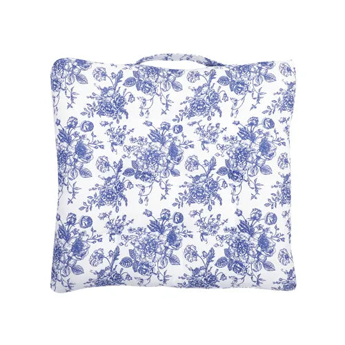 Coussin d’assise blanc et bleu fleuri 40x40 style campagne chic en coton recyclé
