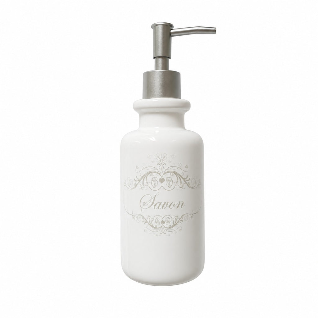Distributeur à savon en céramique blanche avec inscription élégante « Savon », style maison de charme et décoration raffinée.