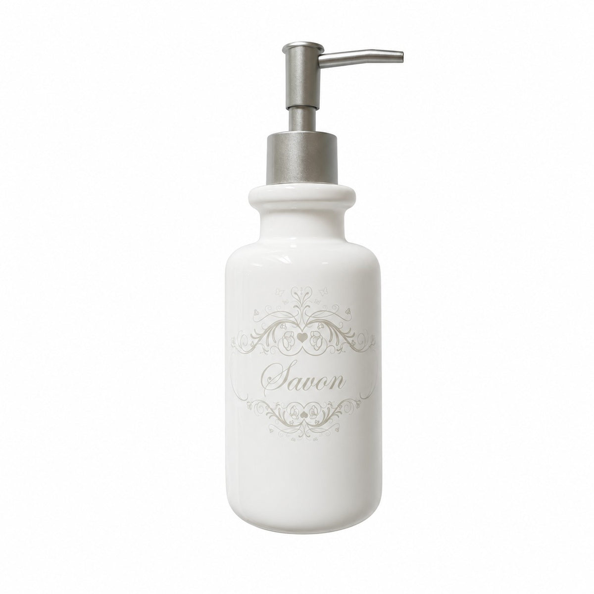 Distributeur à savon en céramique blanche avec inscription élégante « Savon », style maison de charme et décoration raffinée.