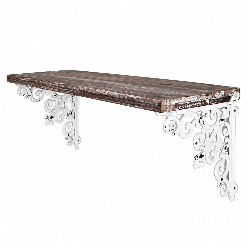 Étagère murale en bois avec équerres en métal blanc patiné et motifs décoratifs