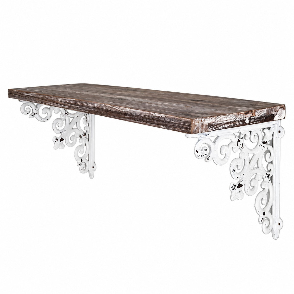 Étagère murale en bois avec équerres en métal blanc patiné et motifs décoratifs