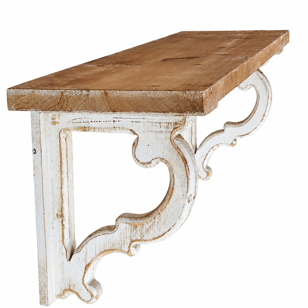 Étagère murale en bois patiné avec équerres blanches style campagne chic
