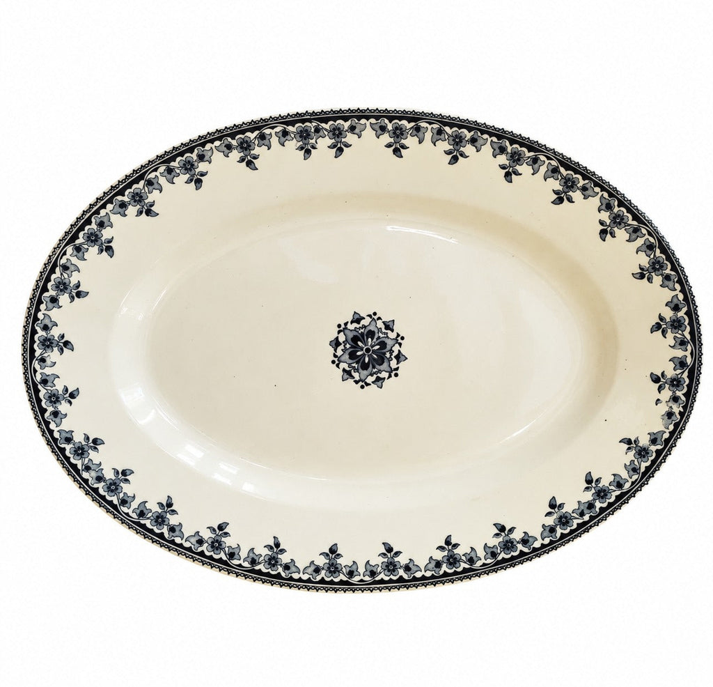 Grand plat ovale ancien Terre de Fer H.B & Cie modèle Gagny à décor floral bleu