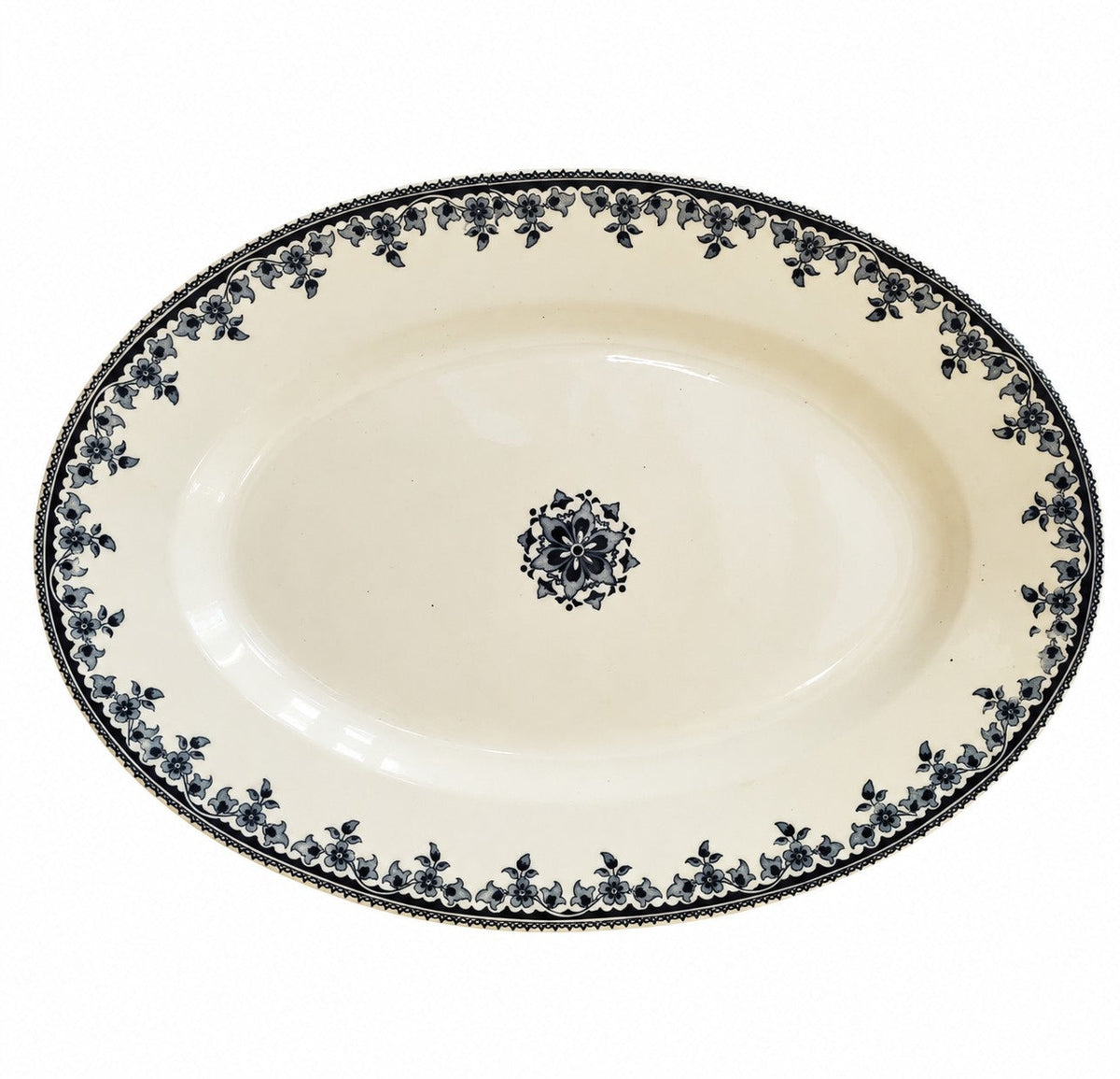 Grand plat ovale ancien Terre de Fer H.B & Cie modèle Gagny à décor floral bleu