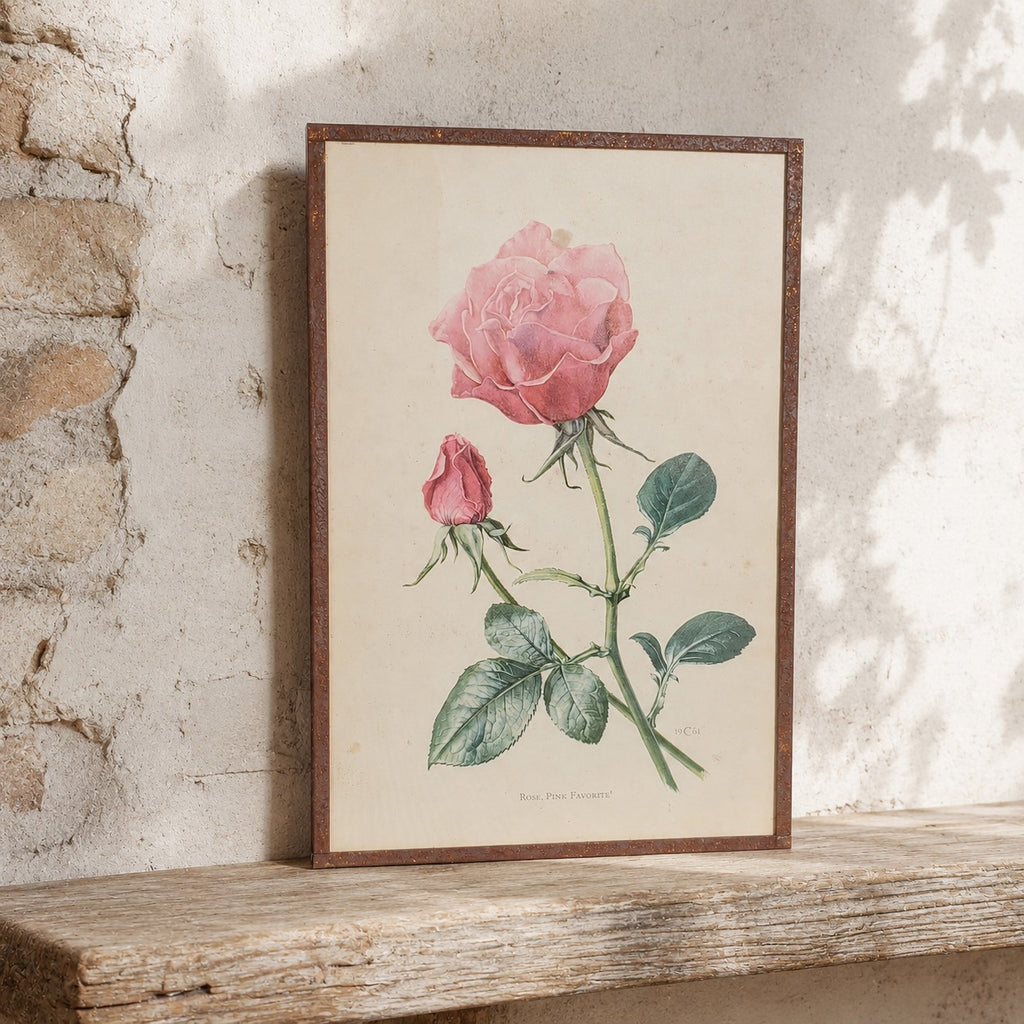 Gravure botanique ancienne d'une rose rose avec papier patiné par le temps, idéale pour une décoration campagne chic, cottage anglais ou maison de famille.