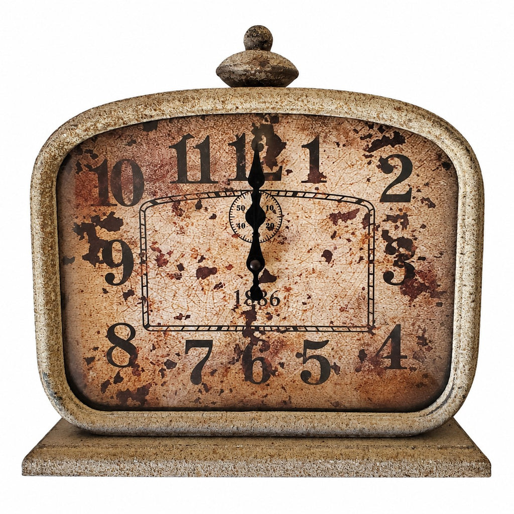 Horloge à poser en métal patiné, décoration vintage esprit campagne chic pour console, buffet ou étagère.