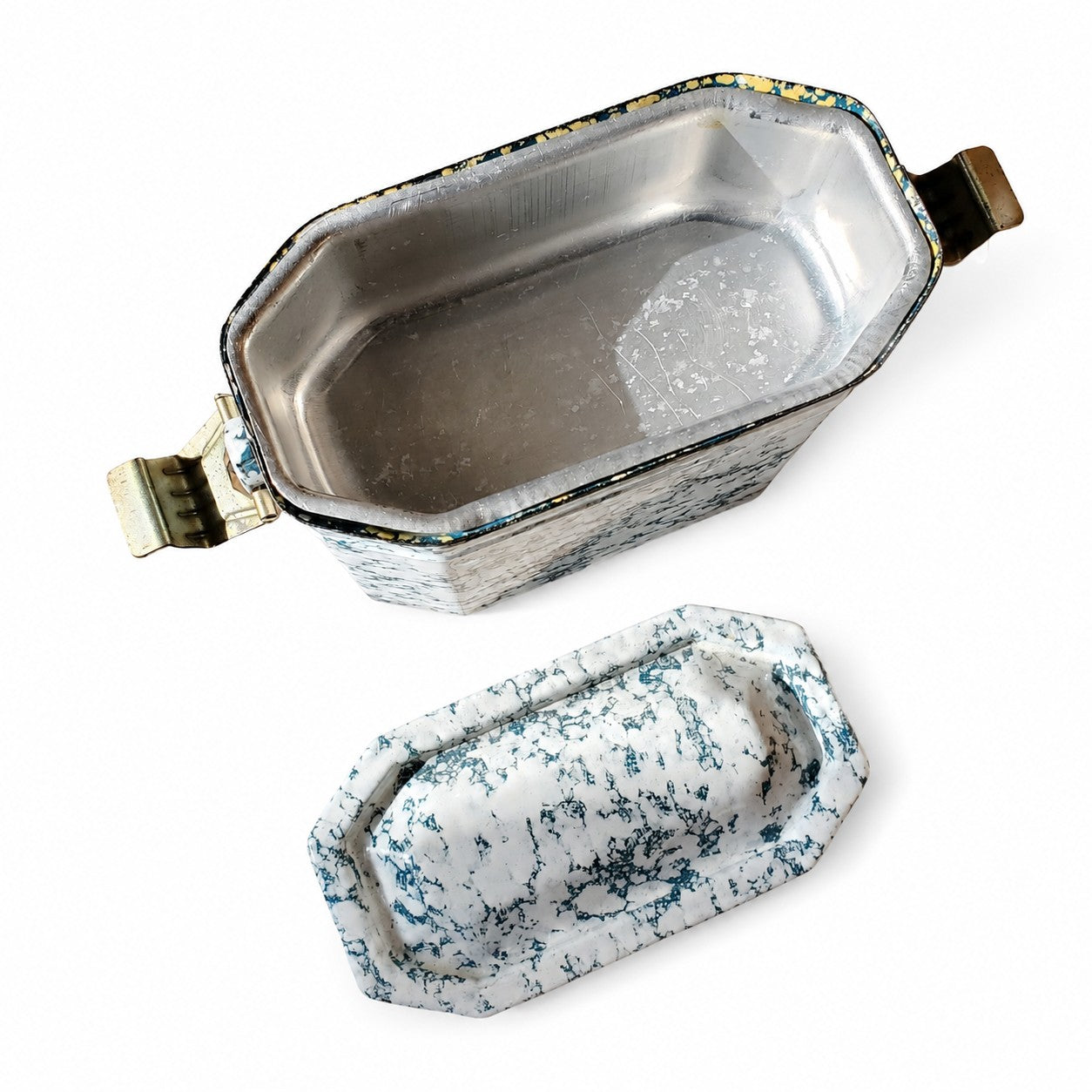Lunch box ancienne émaillée marbrée blanc et bleu