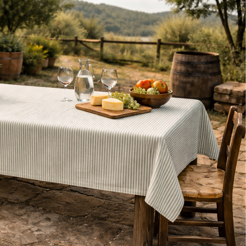 Nappe rayée vert et blanc 140x310 cm style campagne chic pour maison de charme