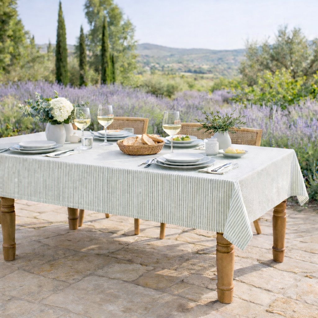 Nappe rayée vert et blanc pour décoration de table maison de caractère style campagne