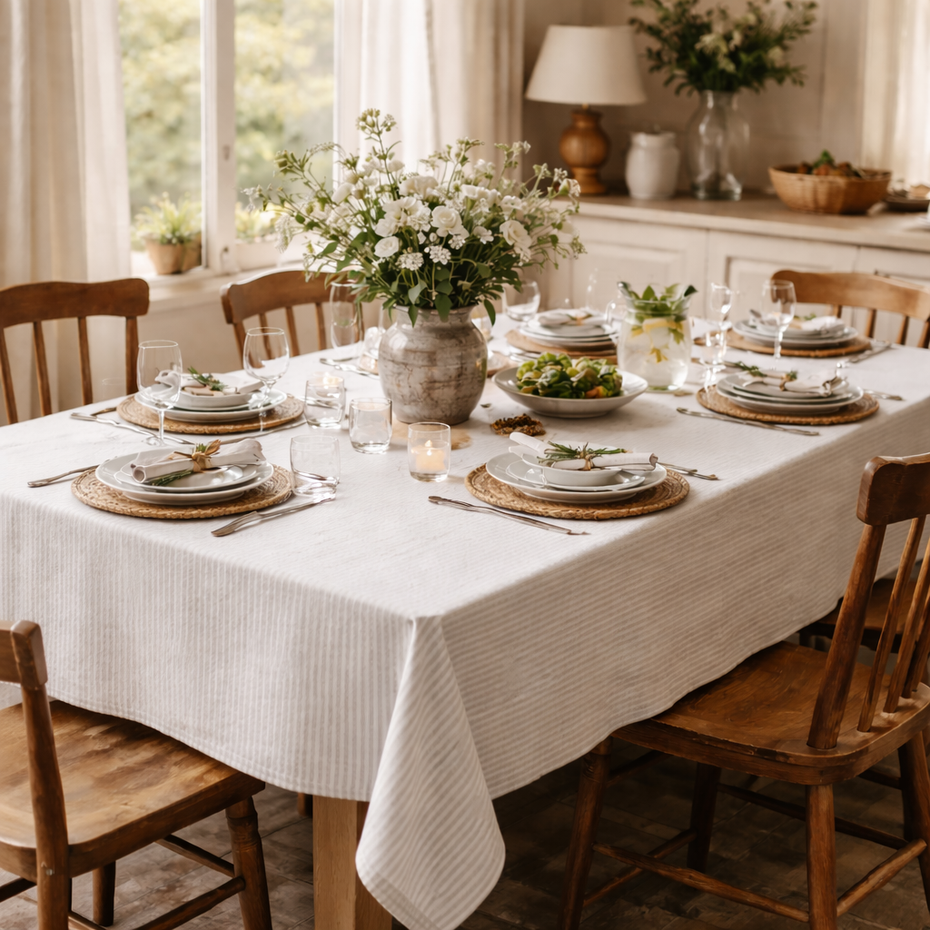 Nappe à rayures gris et blanc campagne chic maison de caractère