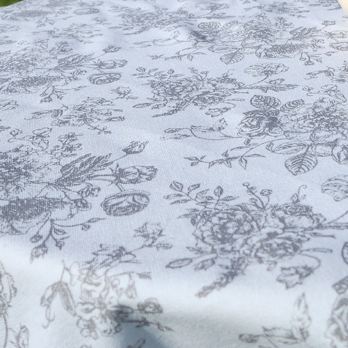 Nappe ronde fleurie en textile recyclée blanc et gris clair (160 cm)