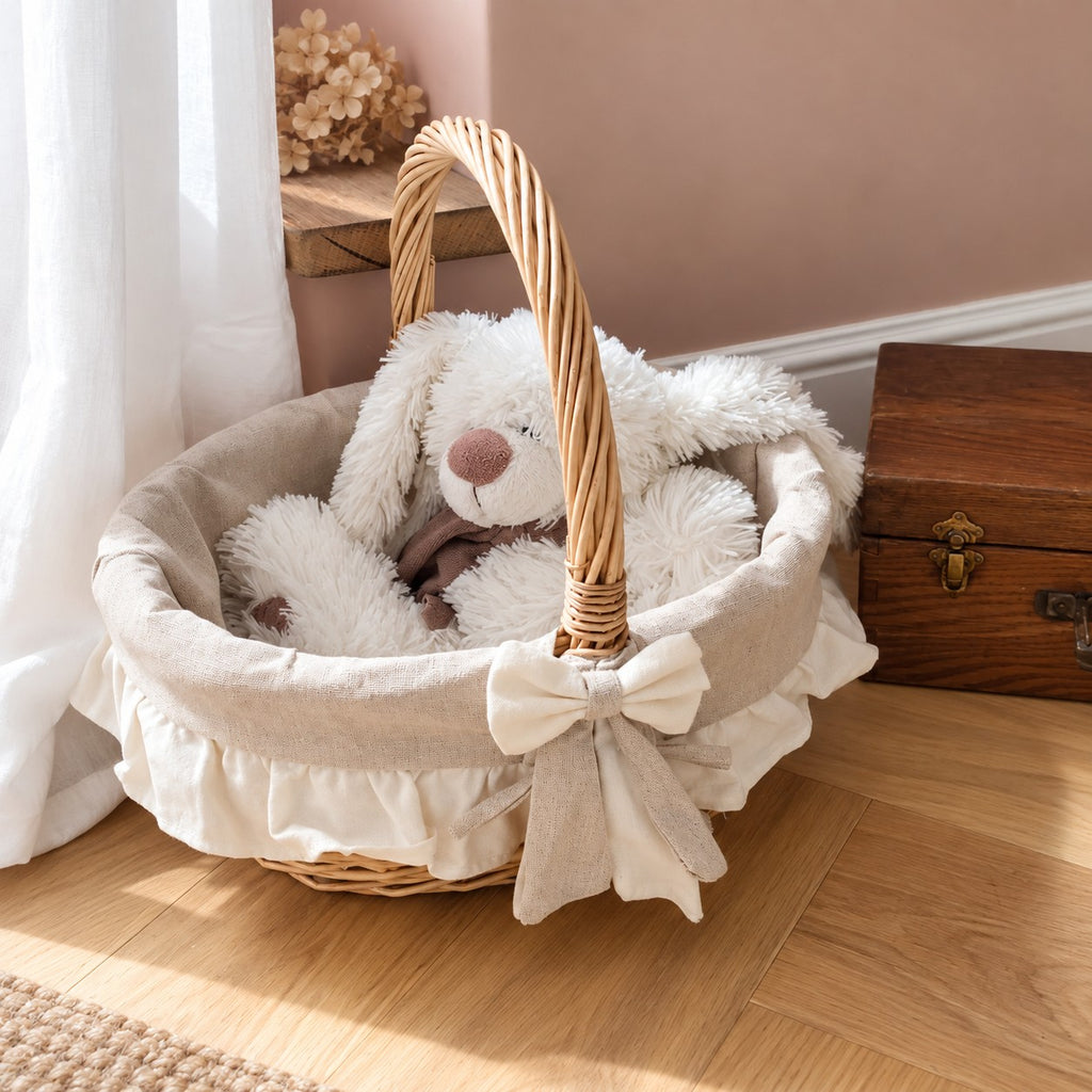 Panier de rangement en osier et tissu beige et écru avec anse