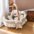 Panier de rangement en osier et tissu beige et écru avec anse