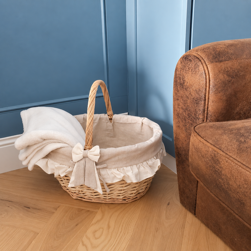 Panier de rangement en osier et tissu beige et écru avec anse