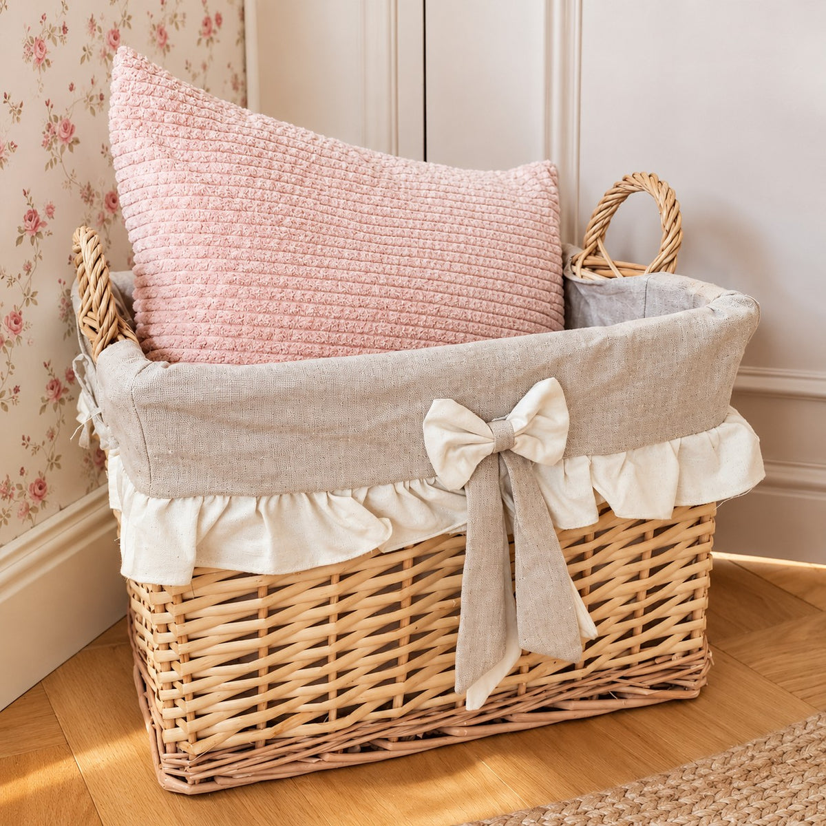 Panier rectangulaire en osier avec doublure en tissu et grand nœud, style campagne chic.