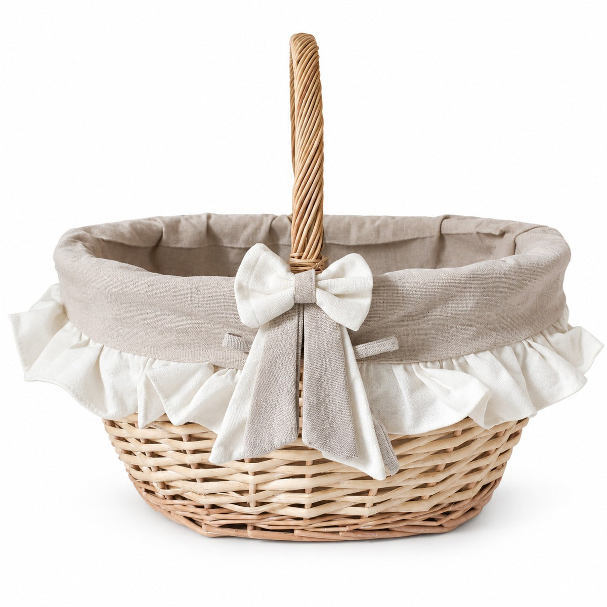 Panier en osier naturel avec tissu beige, volant écru et joli nœud