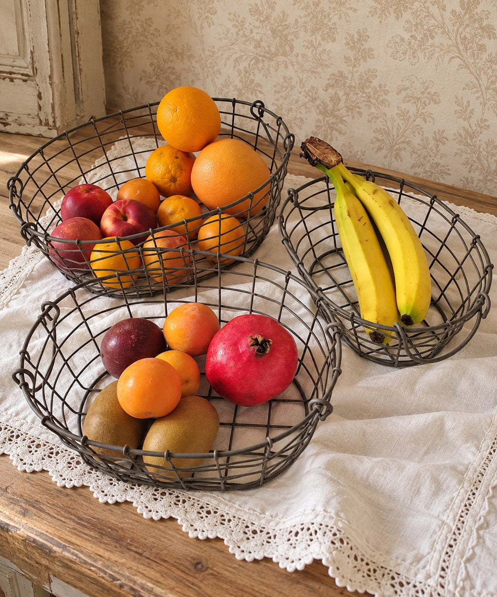 Lot de 3 paniers ovales en métal grillagé esprit campagne chic