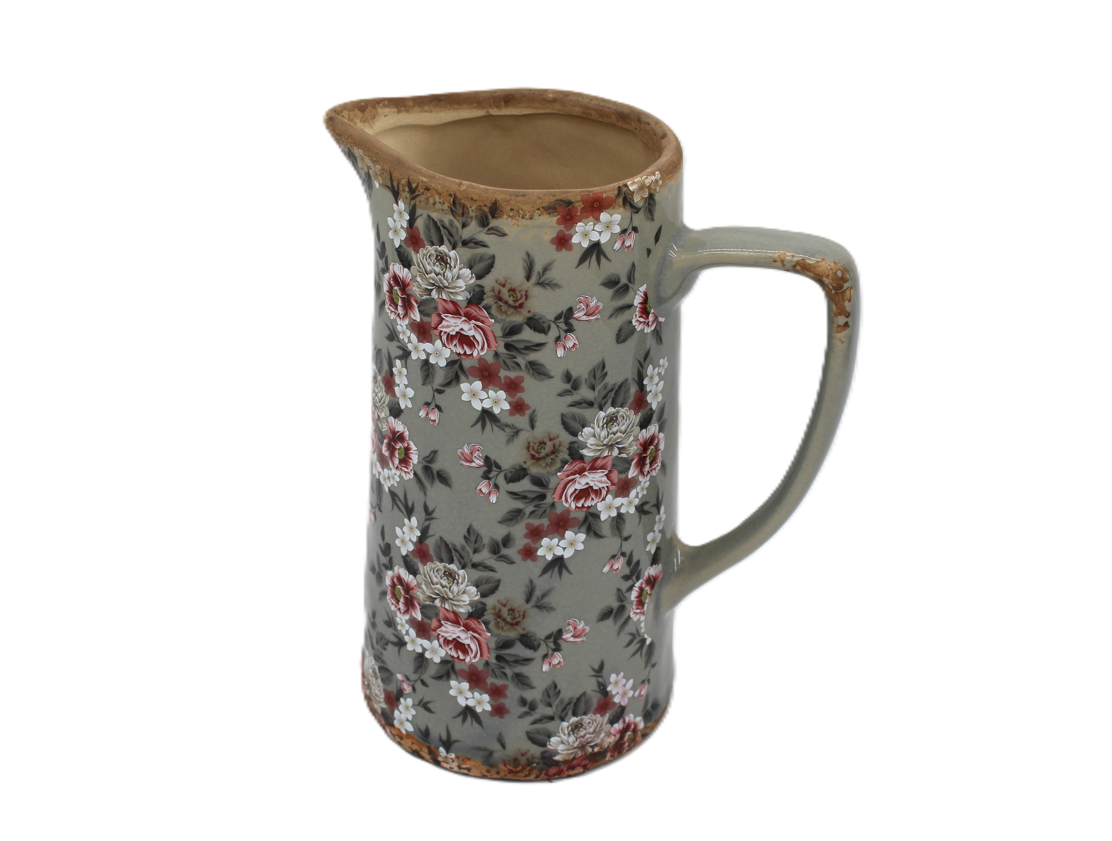 joli pichet décoratif gris à motif fleurs pour une décoration campagne chic et maison de charme - Clayre & Eef - Maison Ysance