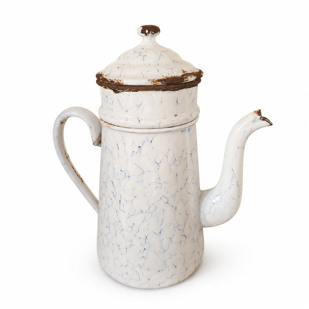 Cafetière ancienne émaillée blanche marbrée bleu
