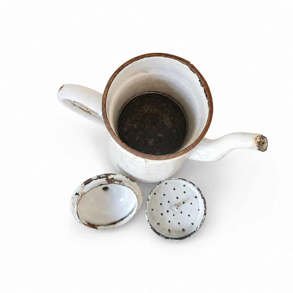 Cafetière ancienne émaillée blanche marbrée bleu