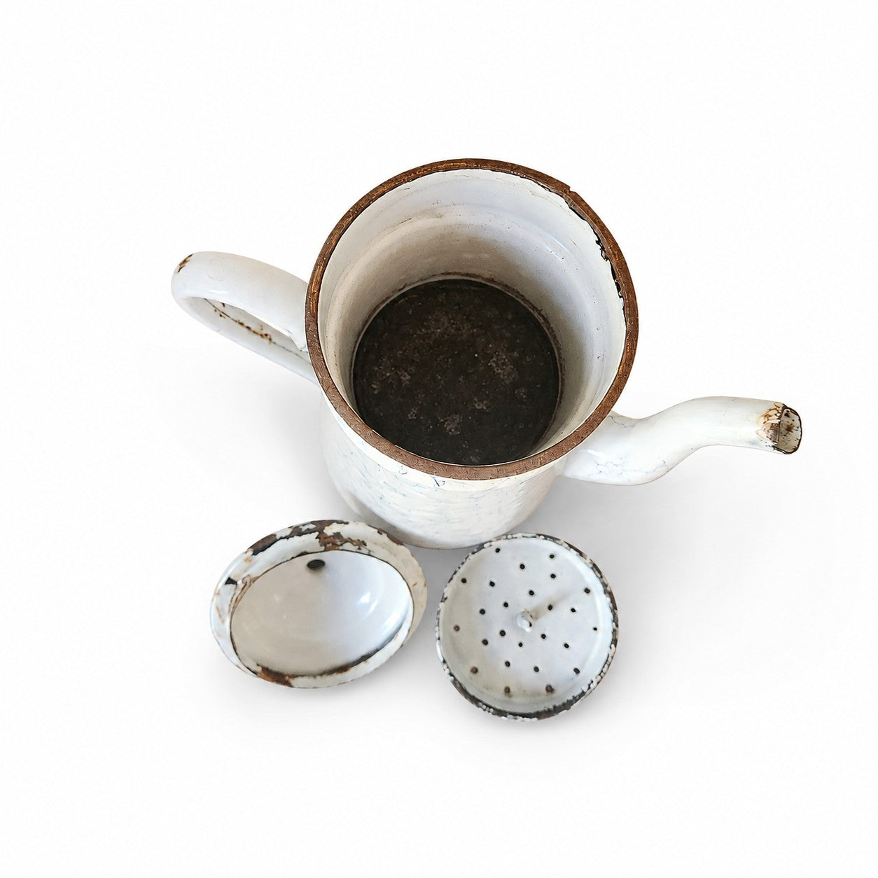 Cafetière ancienne émaillée blanche marbrée bleu