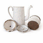 Cafetière ancienne émaillée blanche marbrée bleu