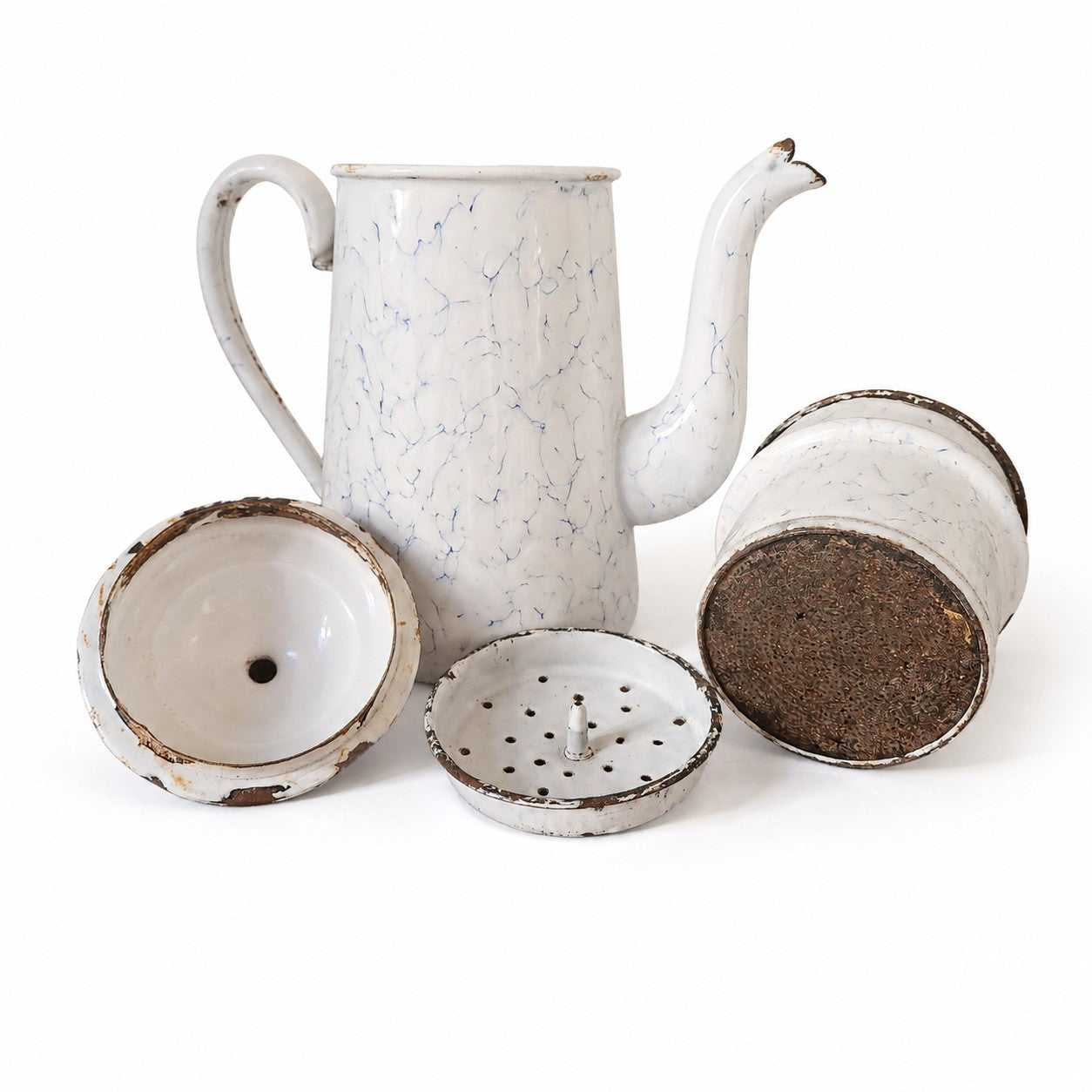 Cafetière ancienne émaillée blanche marbrée bleu