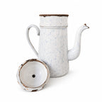 Cafetière ancienne émaillée blanche marbrée bleu