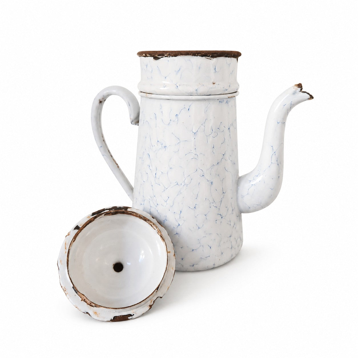 Cafetière ancienne émaillée blanche marbrée bleu