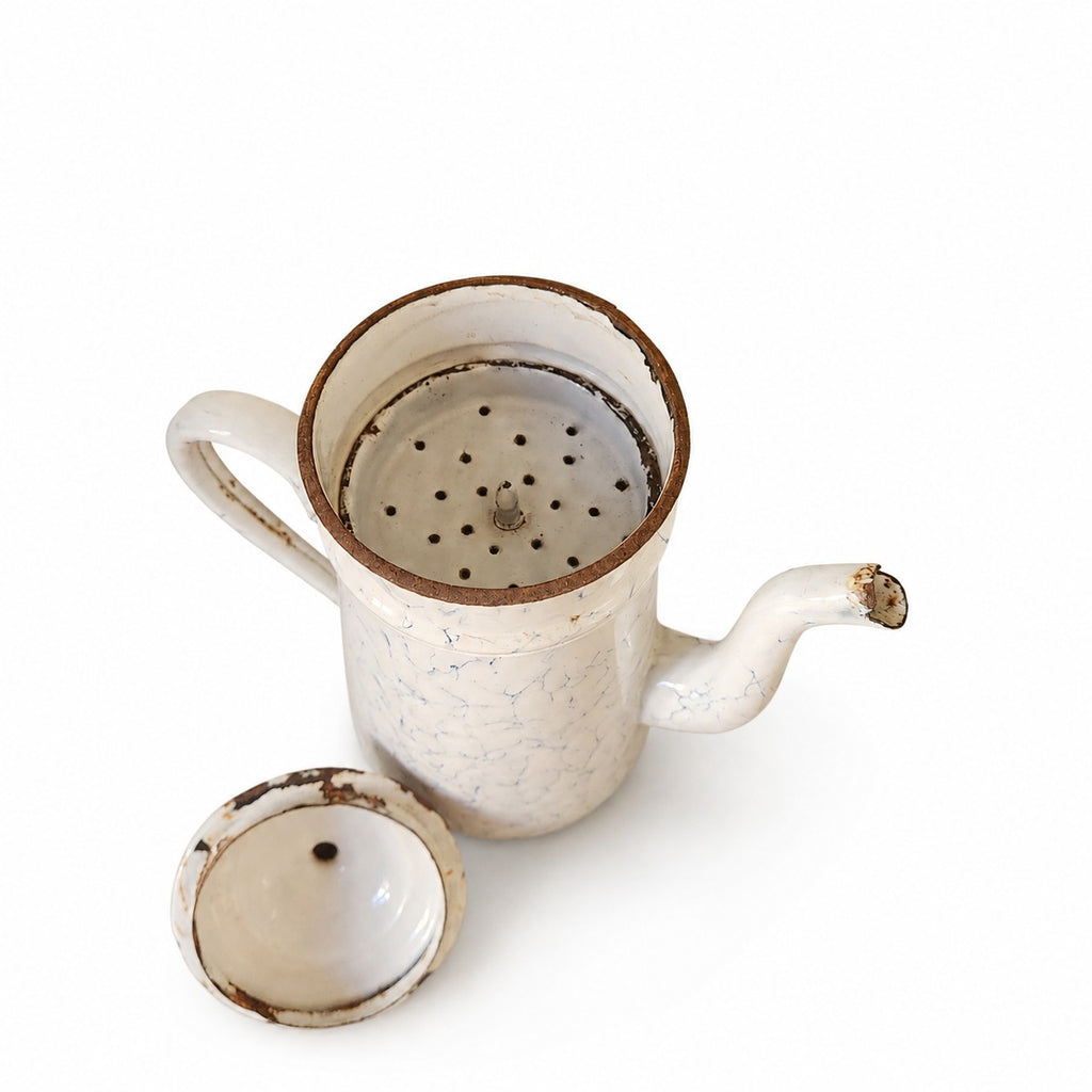 Cafetière ancienne émaillée blanche marbrée bleu