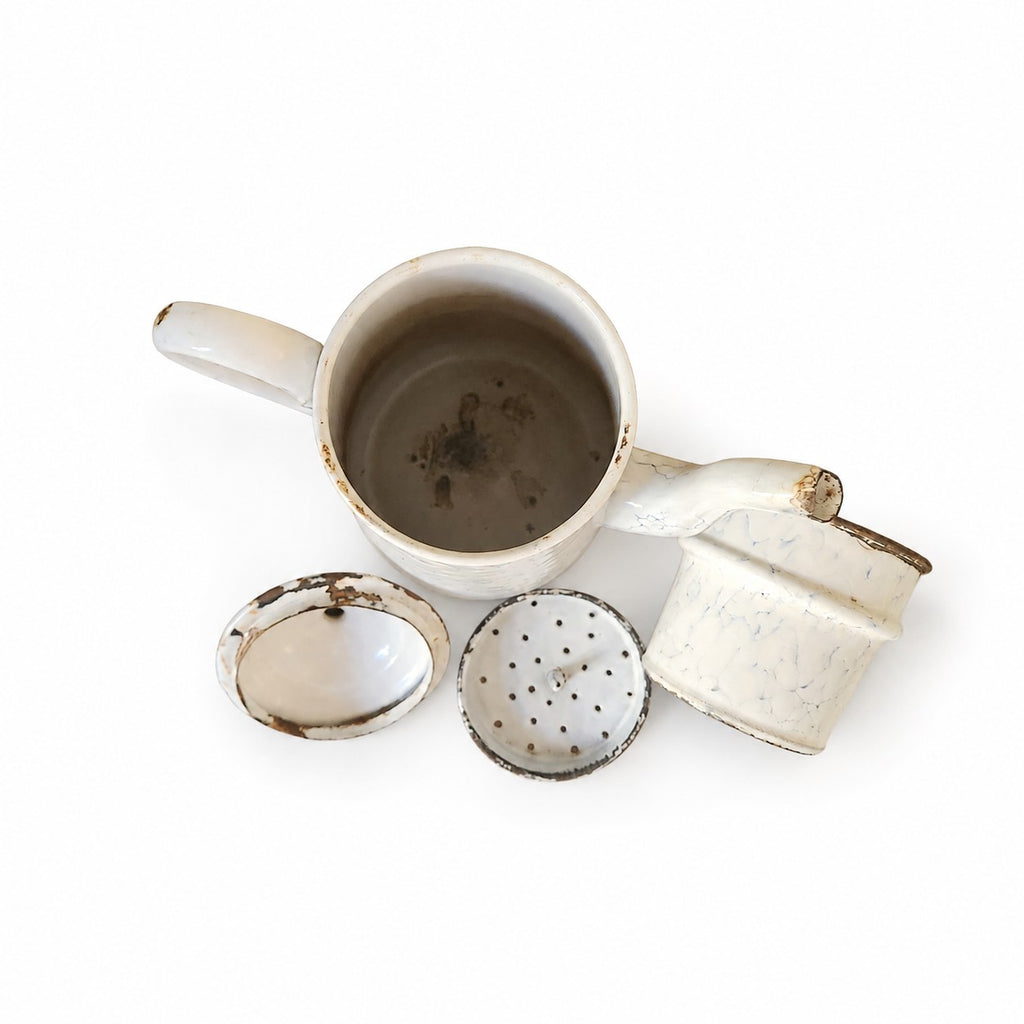Cafetière ancienne émaillée blanche marbrée bleu