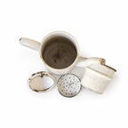 Cafetière ancienne émaillée blanche marbrée bleu