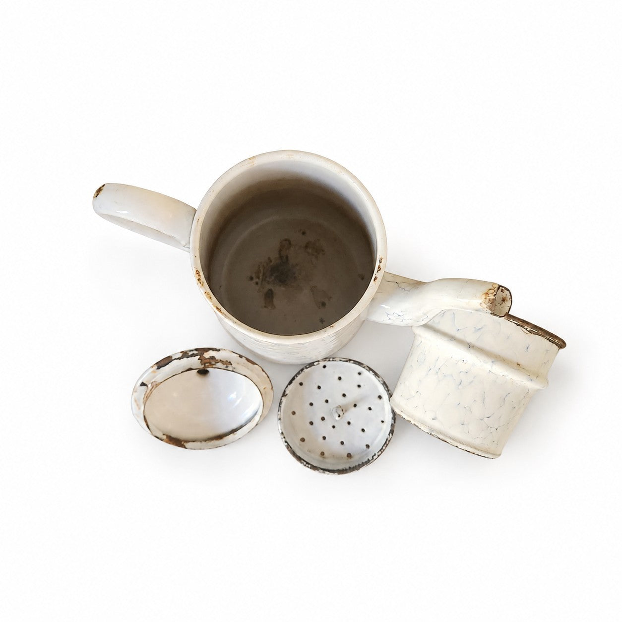 Cafetière ancienne émaillée blanche marbrée bleu