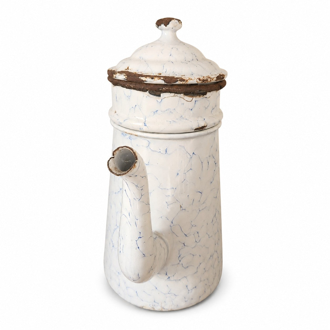 Cafetière ancienne émaillée blanche marbrée bleu
