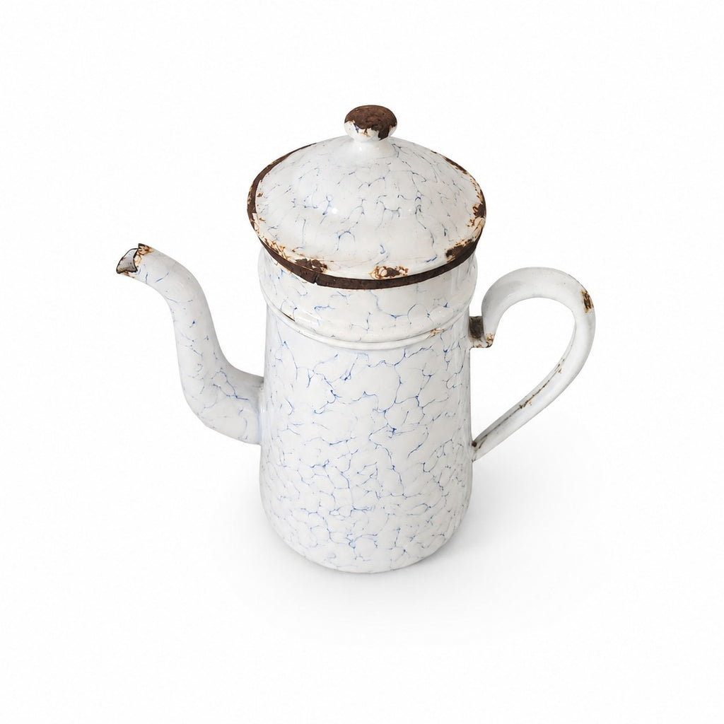 Cafetière ancienne émaillée blanche marbrée bleu