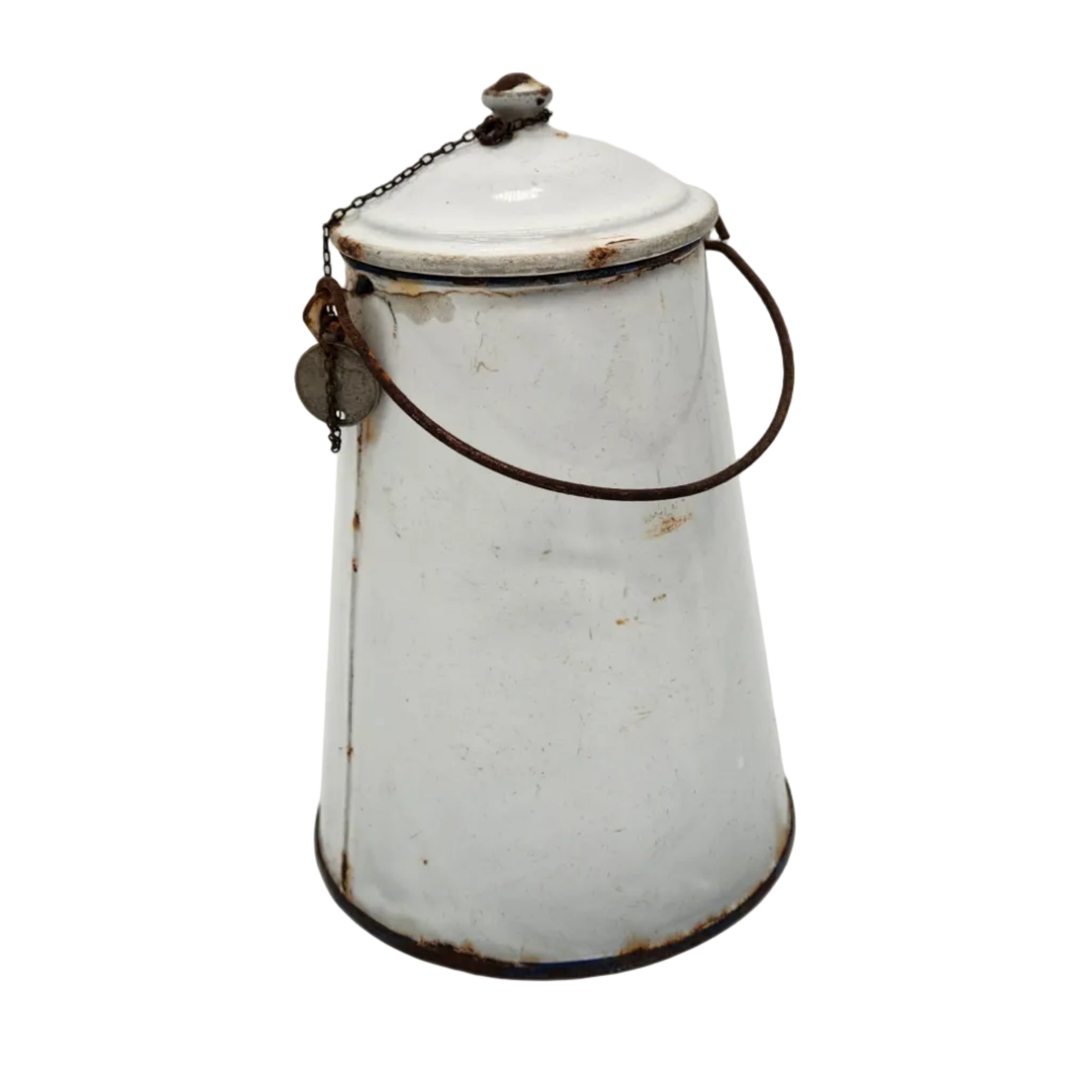 Pot ancien en métal émaillé blanc patiné esprit campagne chic