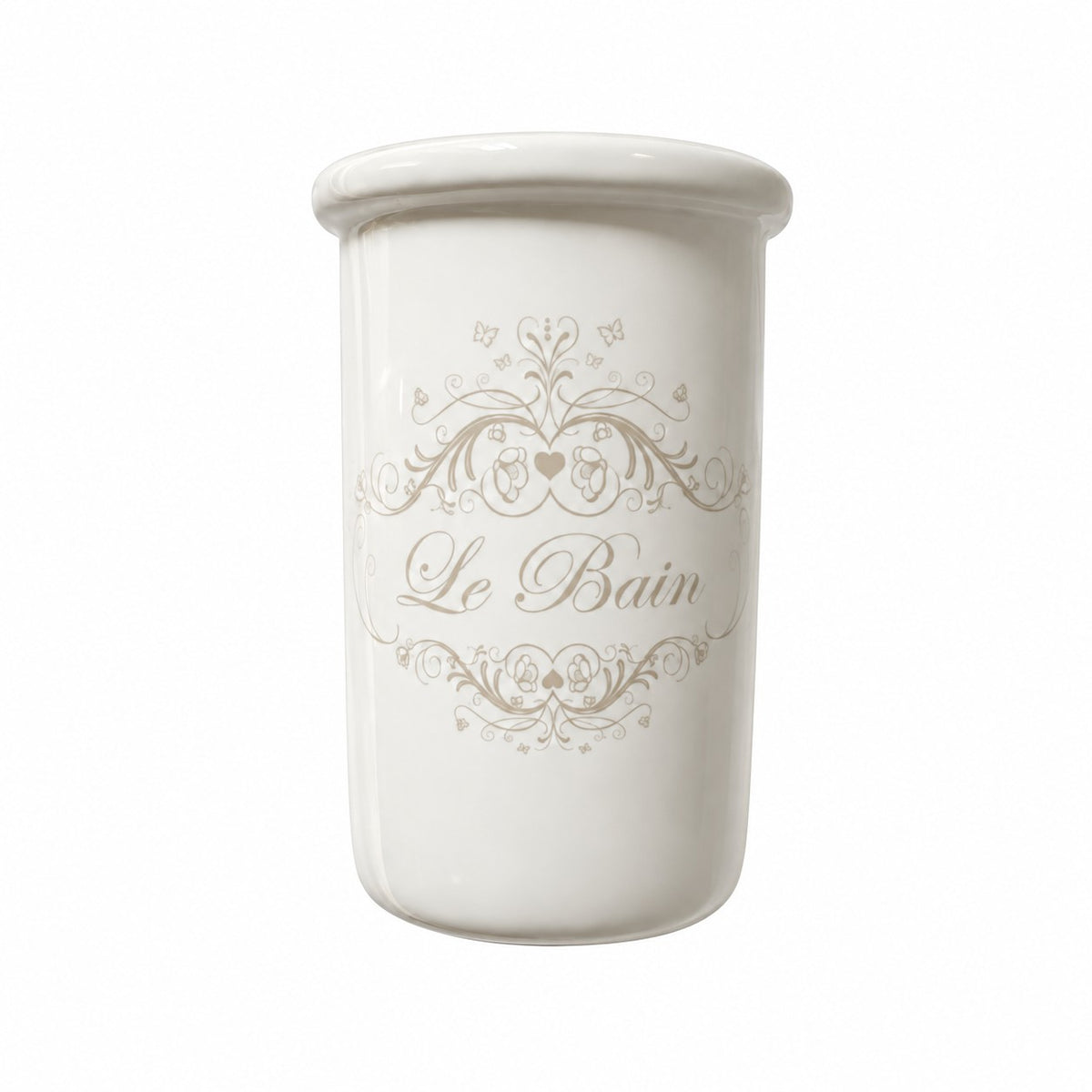 Pot à brosses à dents en céramique blanche avec inscription « Le Bain », style maison de charme.