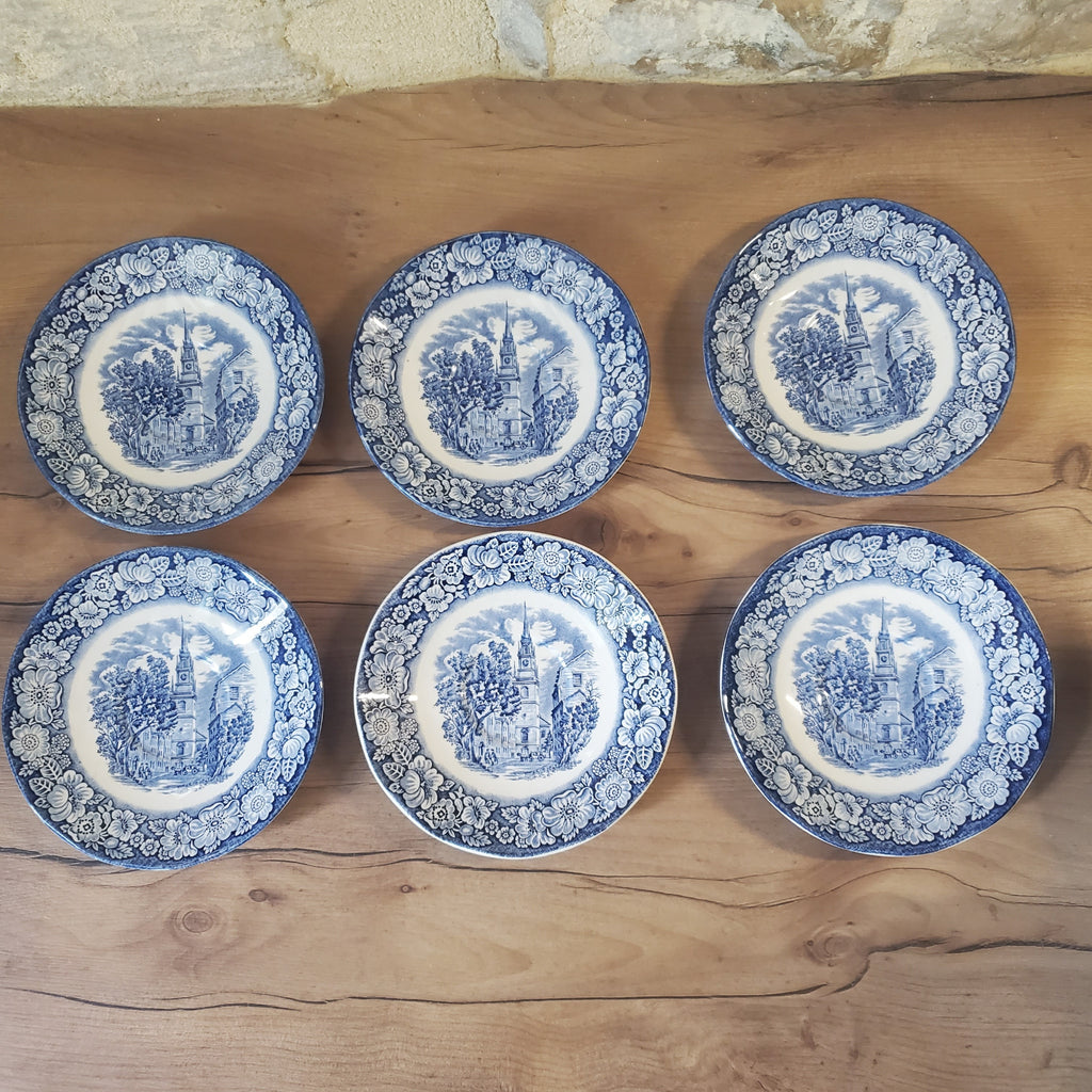 Lot de 6 soucoupes anciennes anglaises bleu et blanc en faïence Liberty Blue style cottage anglais