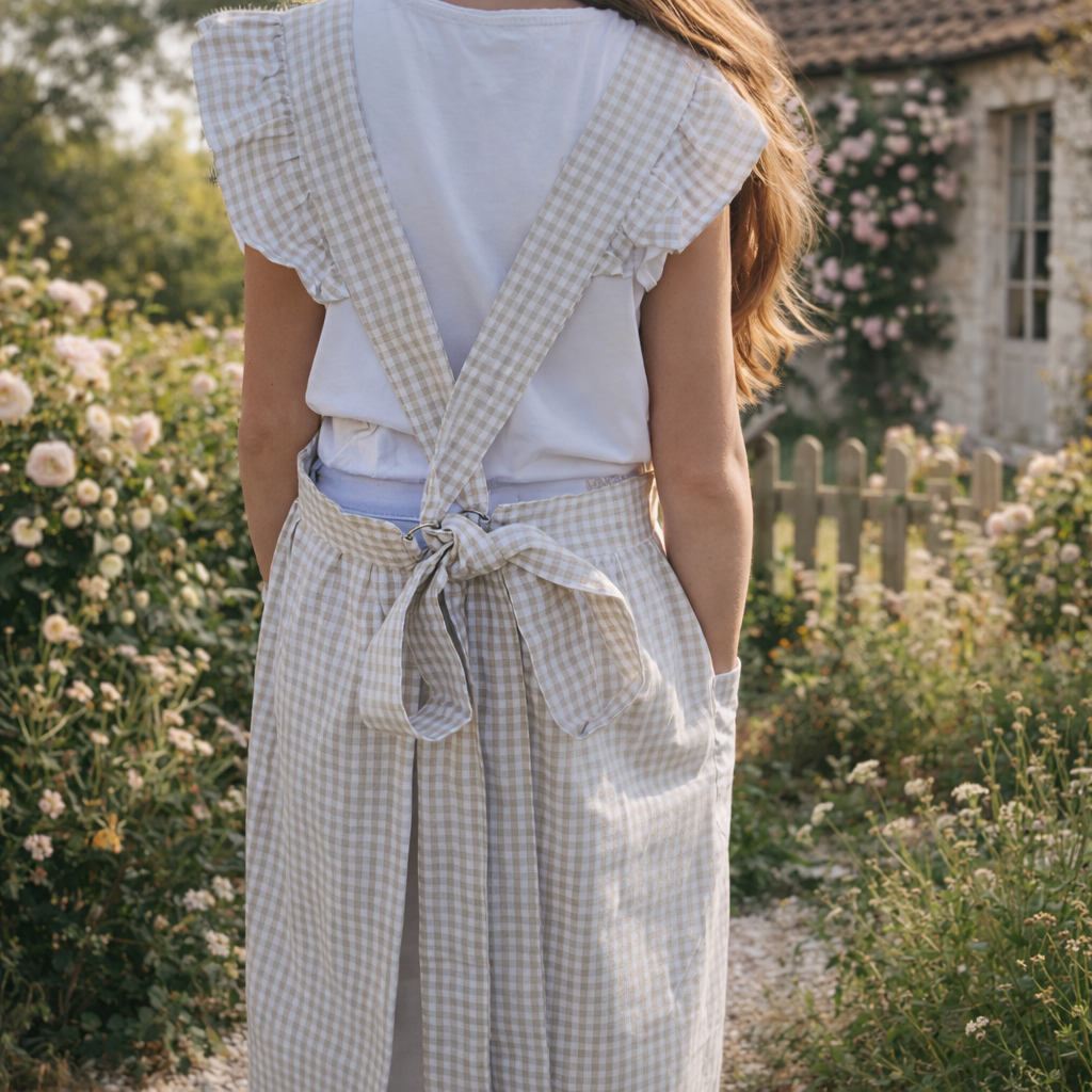 Tablier de cuisine lin et blanc à carreaux vu de dos dans un jardin style campagne chic maison de charme