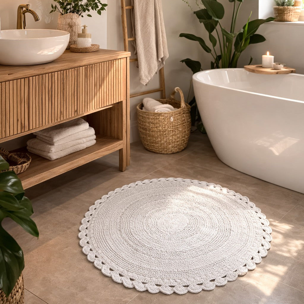 Tapis de bain rond blanc effet crochet doux et confortable style cosy bohème chic