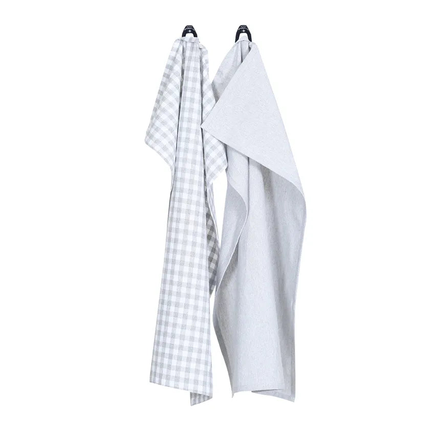 Torchon de cuisine gris clair et blanc 50x70 style campagne chic en textile recyclé